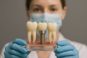 Women holding an implant model with both her hands, dental office.