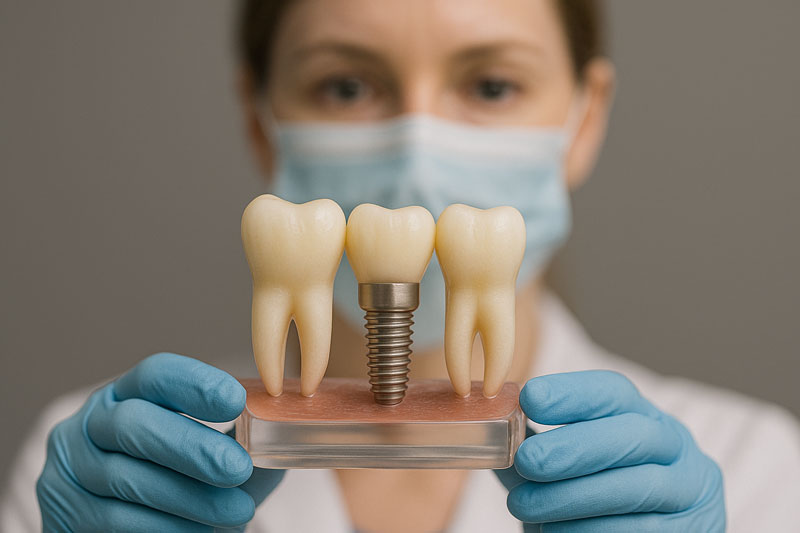 Women holding an implant model with both her hands, dental office.