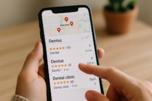 A person searches on their phone for a "dentist in Houston near me," with search results for local dentists displayed. No text on the image.