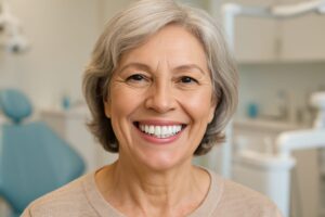 Image of a smiling, mature woman with a full set of dental implants, showcasing a natural-looking and confident smile. The background is a blurred dental office setting. No text on image.