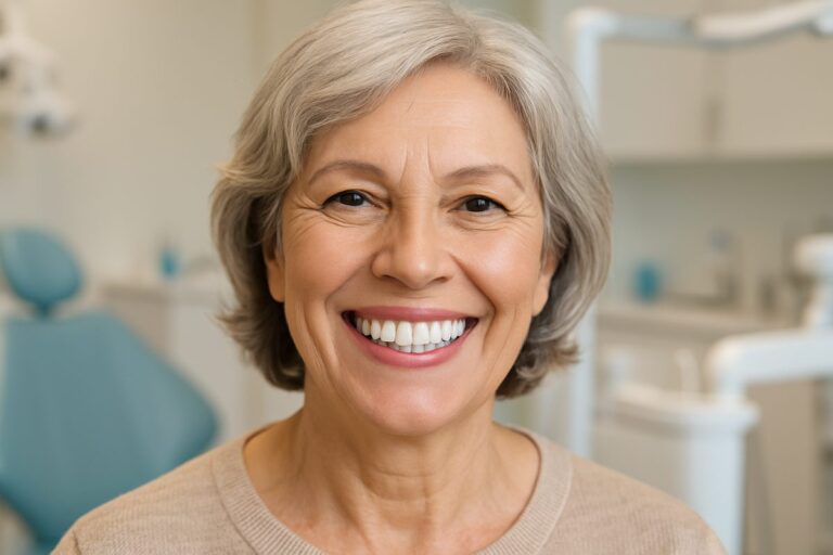 Image of a smiling, mature woman with a full set of dental implants, showcasing a natural-looking and confident smile. The background is a blurred dental office setting. No text on image.