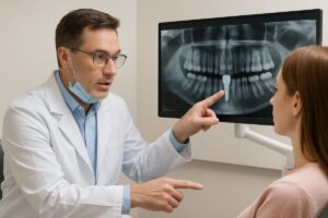 A dentist is pointing to a digital x-ray on a screen, explaining the process of a false tooth implant to a patient. No text on the image.