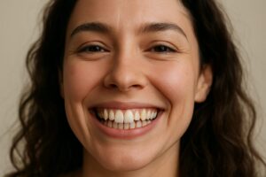 Close up shot of a woman smiling, showing off slightly filed down canines. No text on image.