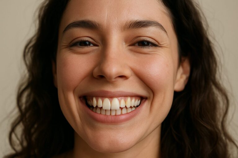 Close up shot of a woman smiling, showing off slightly filed down canines. No text on image.