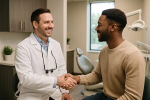 A friendly dentist in Ofallon, MO, smiling and shaking hands with a new patient in a modern, welcoming dental office. No text on the image.