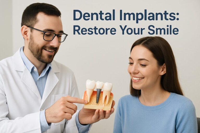 Image of a dentist consulting with a patient about dental implants, showing a model of the jaw with implants in place. The text on the image says "Dental Implants: Restore Your Smile".