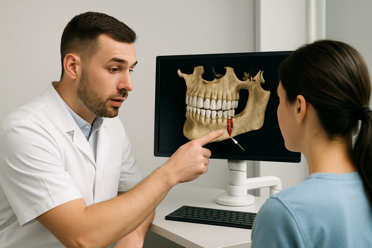 A dentist is reviewing a 3D scan of a patient's jaw, pointing out the optimal placement for a dental implant.