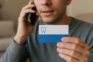 A person holding a dental insurance card while on the phone with their insurance provider. No text on the image.
