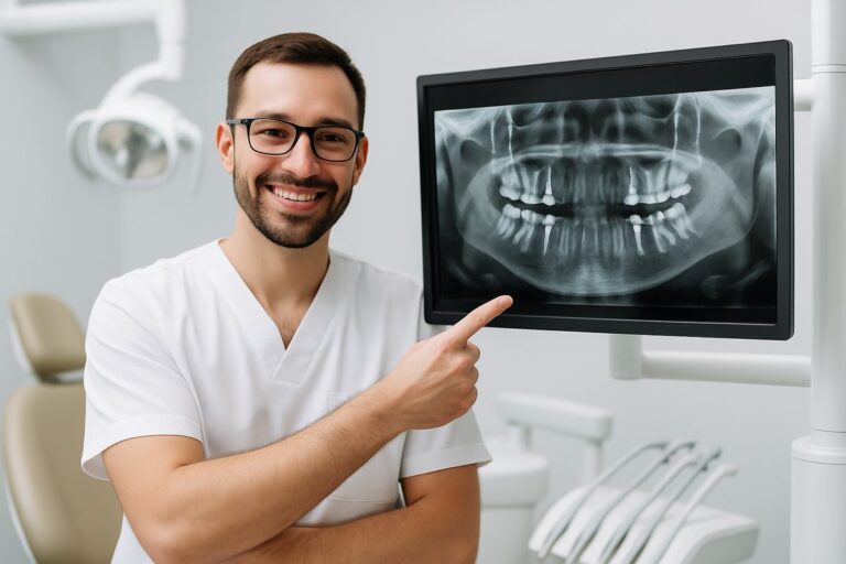 Image of a dentist smiling and pointing to a digital x-ray of a patient's mouth with All-on-4 dental implants. The background shows modern dental equipment and a comfortable patient chair. No text on the image.