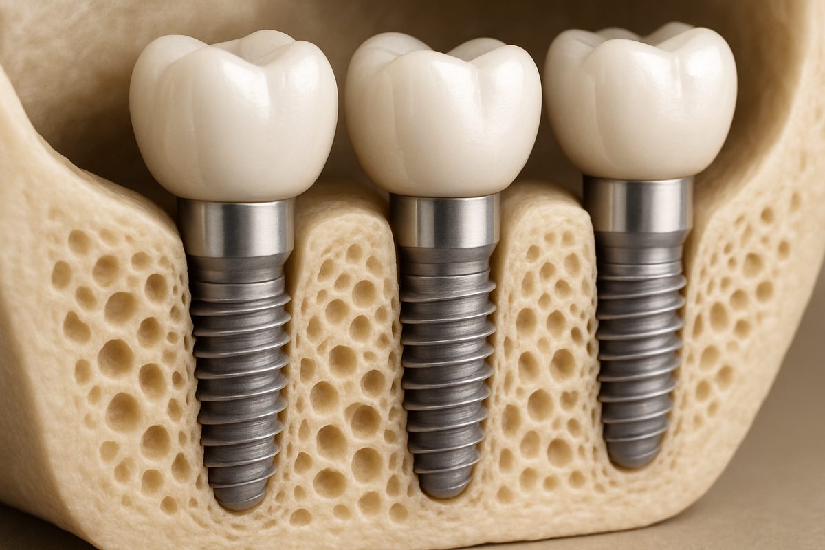 Close up image of dental implants in a jaw bone, highlighting the connection between the implant and the bone. No text on image.