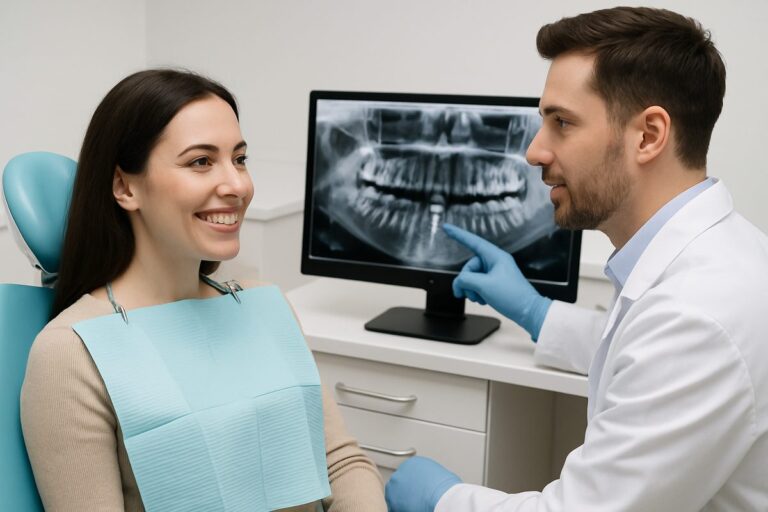 A smiling woman in a dental chair is consulting with a dentist about dental implant options. The dentist is pointing to a digital X-ray showing a dental implant in the jaw. No text on image.