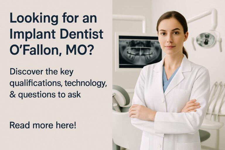 Image of a dentist smiling and pointing to a 3D scan of a patient's mouth with dental implant placement highlighted. No text on the image.