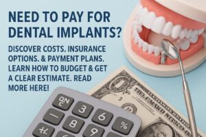 Photo of a diverse family smiling, with one person pointing to a brochure about dental implant payment plans at a dental clinic. No text on the image.