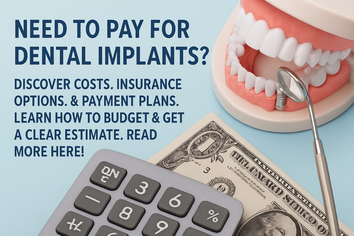 Photo of a diverse family smiling, with one person pointing to a brochure about dental implant payment plans at a dental clinic. No text on the image.