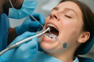 An image depicting a dentist using a dental implant stent to precisely place a dental implant in a patient's mouth. The stent is clearly visible, highlighting its role in guiding the implant placement. No text on the image.