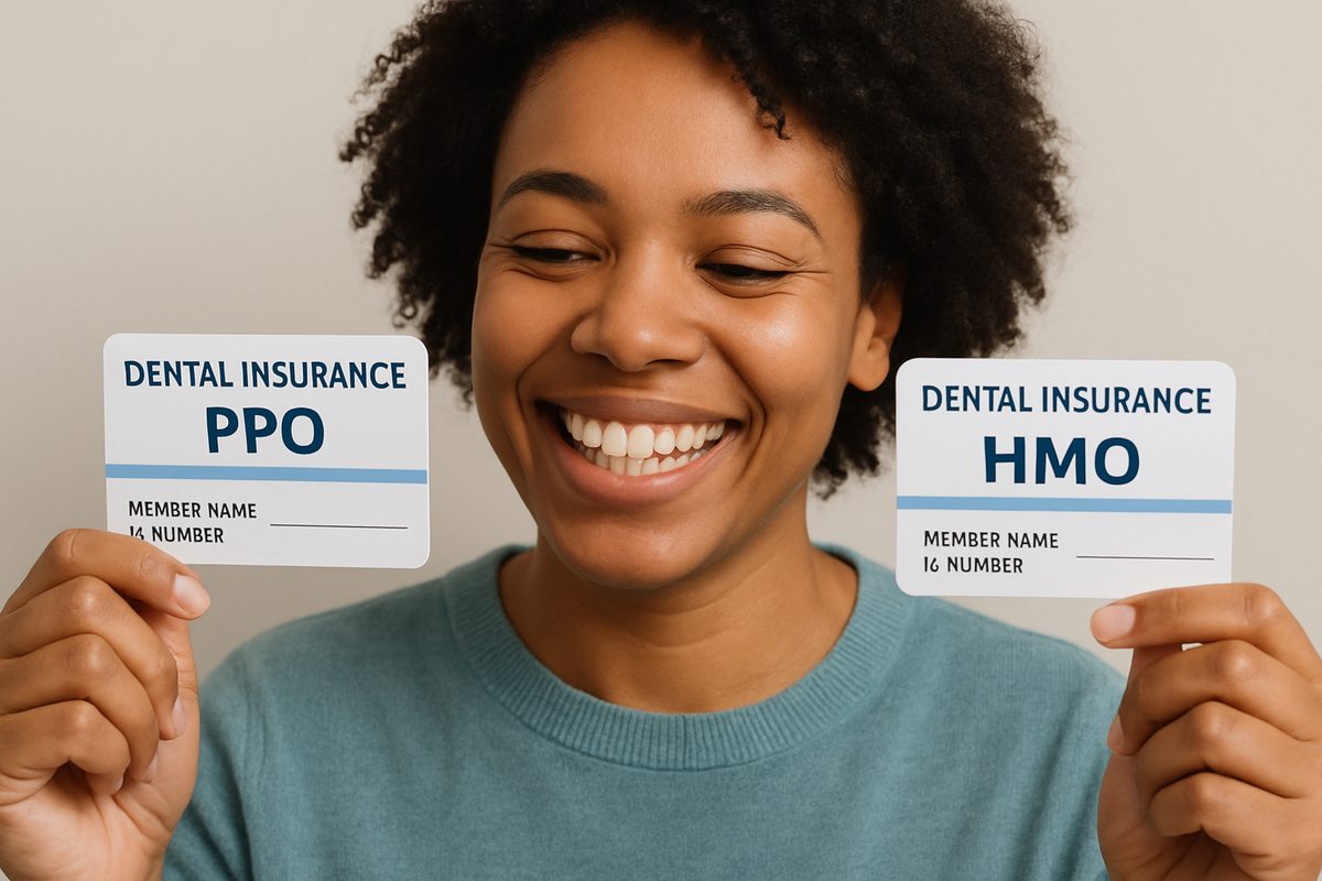 A person with a toothy smile looking at two different dental insurance personal cards, smiling. One card is a PPO, and the other is HMO. The person seems happy and confident they are making a good choice for their dental health.