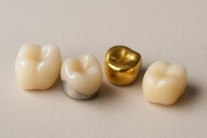 Close up studio shot of four different types of dental crown material samples - all-ceramic, PFM, gold alloy, and composite resin - arranged in a visually appealing manner on a neutral background. No text on image.
