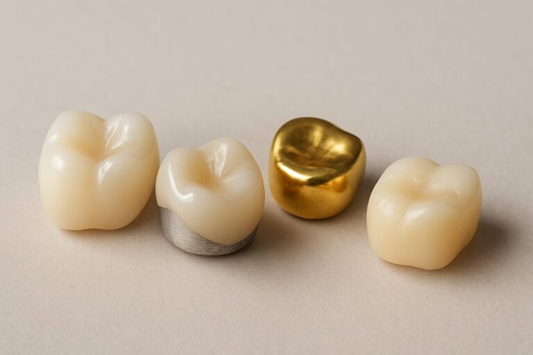 Close up studio shot of four different types of dental crown material samples - all-ceramic, PFM, gold alloy, and composite resin - arranged in a visually appealing manner on a neutral background. No text on image.