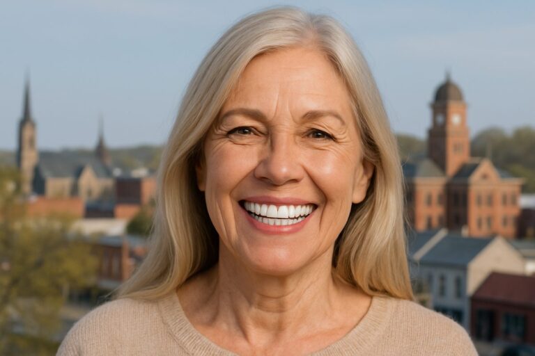 Image of a smiling, mature woman with beautiful, natural-lookingAll-On-4 dental implants, showcasing a full set of teeth. The background subtly features the Wentzville, MO skyline. No text on image.