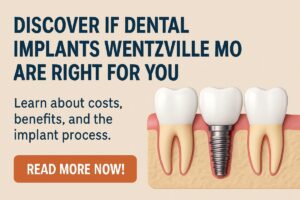 A dentist is placing a dental implant into a patient's jaw, with the city skyline of Wentzville, MO, visible through the window in the background, showcasing "dental implants Wentzville MO". No text on the image.