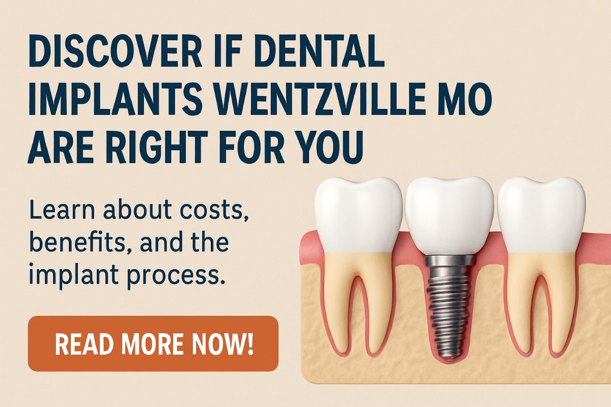 A dentist is placing a dental implant into a patient's jaw, with the city skyline of Wentzville, MO, visible through the window in the background, showcasing "dental implants Wentzville MO". No text on the image.