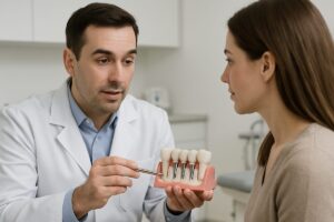 A dentist is consulting with a patient, pointing to a model of a jaw with dental implants to explain the implants meaning. No text on image.