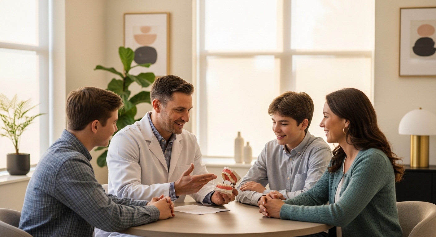 Dentist consulting with a family in a modern dental office