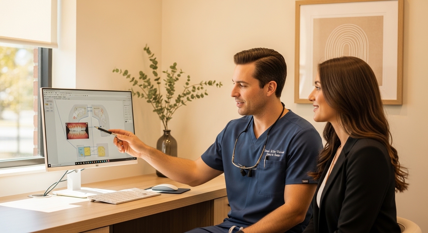 Dentist consulting with a patient in a Lake St Louis dental office