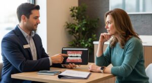 Full mouth reconstruction consultation in a modern dental office