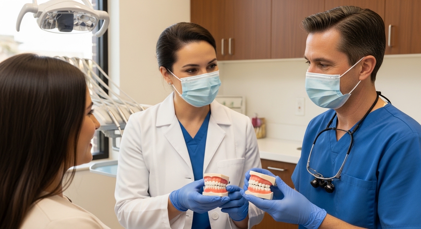 Dentist consulting a patient about dental implants and dentures options