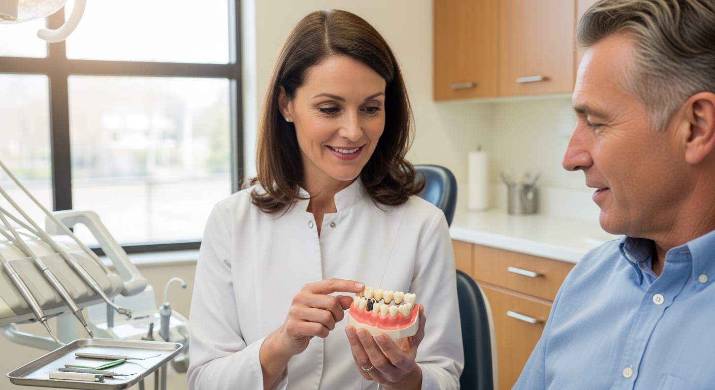 Dentist explaining dental bridges to patient in modern clinic