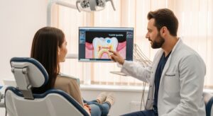 Dentist explaining tooth sensitivity causes and treatments to a patient