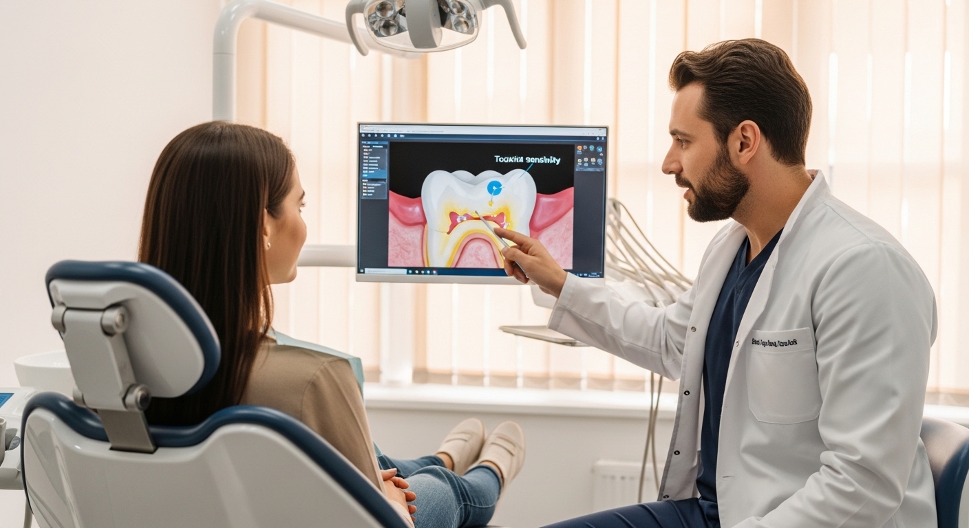 Dentist explaining tooth sensitivity causes and treatments to a patient