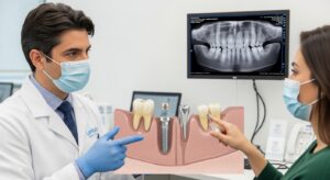 Dentist explaining molar implant procedure with digital images