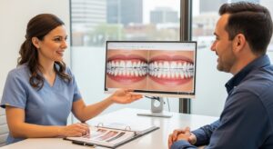 Dentist consulting a patient about cosmetic dentistry options in a modern clinic