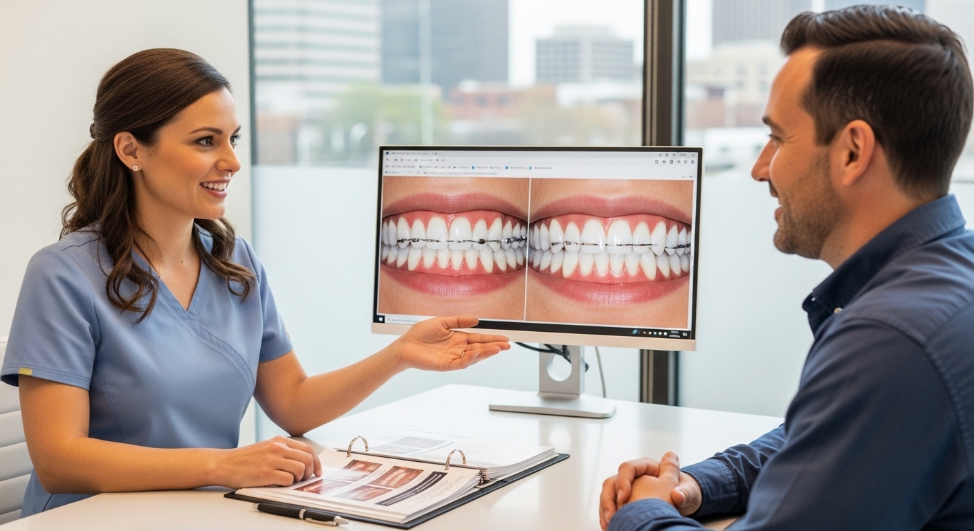 Dentist consulting a patient about cosmetic dentistry options in a modern clinic