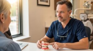 Patient discussing denture implant options with a dentist in Lake St. Louis