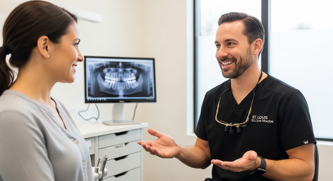 Consultation between a dentist and a patient in a modern dental setting