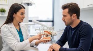 Dentist explaining a molar procedure to a patient in a modern clinic setting