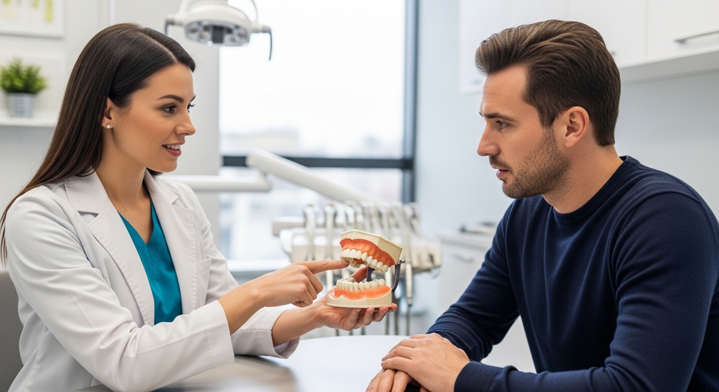 Dentist explaining a molar procedure to a patient in a modern clinic setting