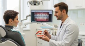 Dentist consulting with patient in modern dental office