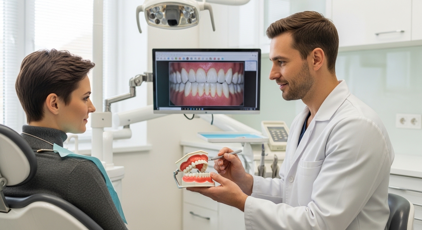 Dentist consulting with patient in modern dental office