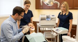 Dentist consults patient on same day dental crown procedure with advanced equipment visible.